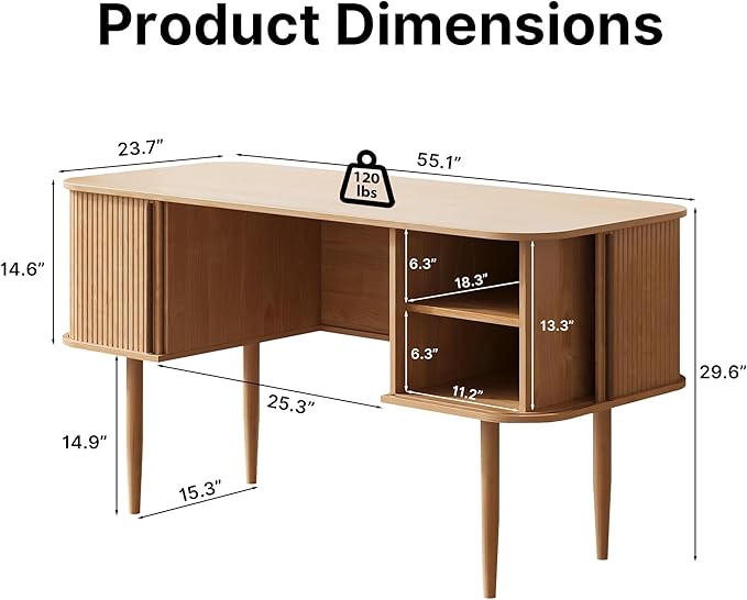 55" Modern Writing Desk with Storage, Wood Home Office Desk with Sliding Doors, Computer Desk for Home Office, Dorm, Living Room, Home Study Table, Natural