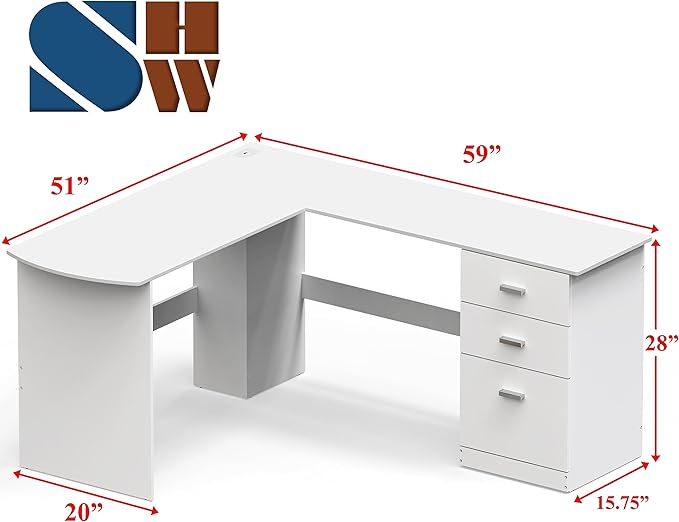 SHW 51 x 59 Inches L-Shaped Home Office Wood Corner Desk with Box Box File Drawers, White