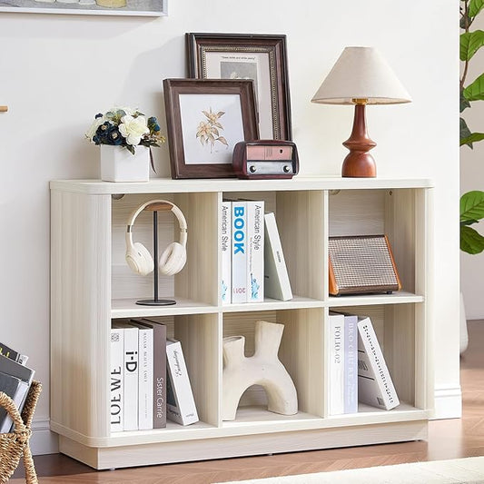 6 Cube Bookcase, 40" Wide Horizontal 2-Tier Book Shelf w/Curved Edge, Wood Low Floor Standing Bookshelf with Base, Modern Short Storage Organizer for Living Room,Office, Gray-White Cream Oak