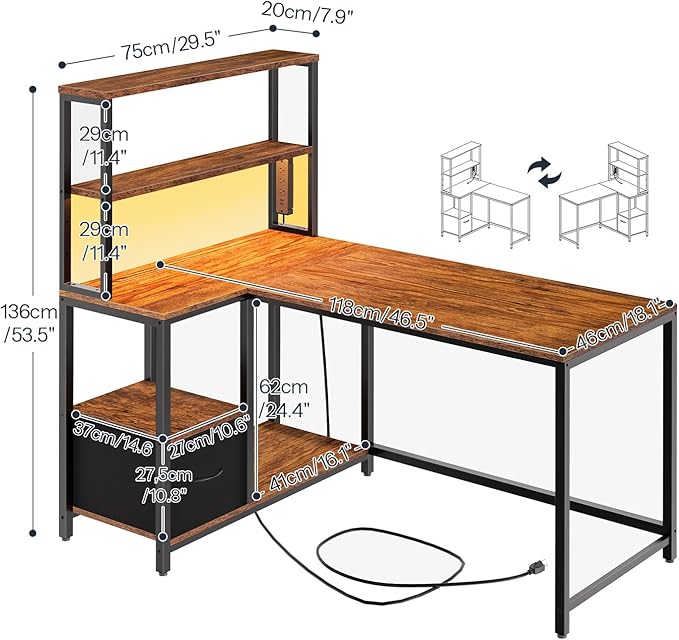 HOOBRO L Shaped Gaming Desk, 46 Inch Reversible Computer Desk with LED Light & Power Outlet, Office Desk with Storage Shelves & Drawer, for Home Office, Study, Rustic Brown and Black BF18UDDN01
