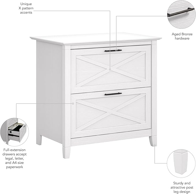 Bush Home Key West 2 Drawer Lateral File Cabinet in Pure White Oak, Document Storage for Home Office, Accent Chest with Drawers