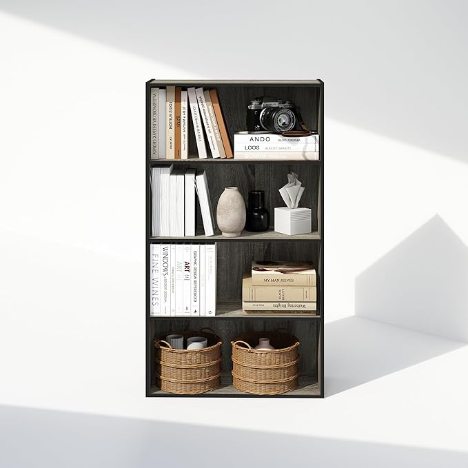 Furinno Simple Book Shelf, 4-Tier Bookshelf, Bookcase with Open Shelf, 9.4 x 23.6 x 41.7, for Living Room, Bedroom, Home Office, French Oak
