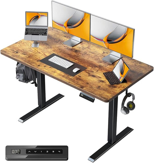 CubiCubi 40 x 24 Small One-Piece Standing Desk, Adjustable Height Electric Computer Home Office Sit Stand up Workstation, with 4 Memory Presets, Headphone Hook, Rustic Brown