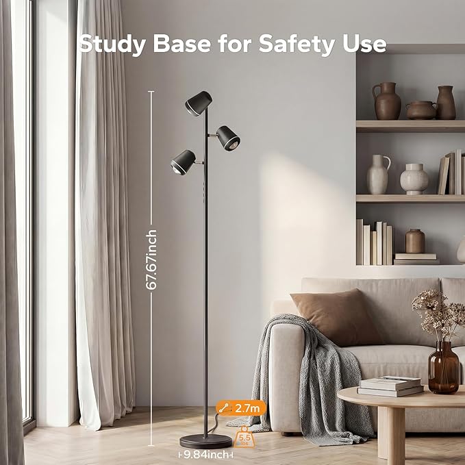 36W LED Tree Floor Lamp, Upgraded 3 Rotatable Lights Standing Lamp with Remote & Touch Control, Dimmable Tall Lamp Modern Floor Lamps for Living Room Bedroom Office