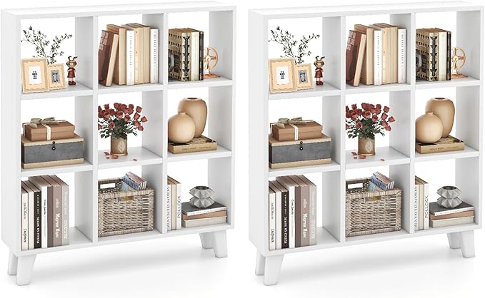 Tangkula 9-Cube Bookcase, Freestanding 3-Tier Bookshelf with 6 Removable Shelves, Open Back DIY Storage Organizer with Raised Support Feet for Living Room Study Office (2, White)