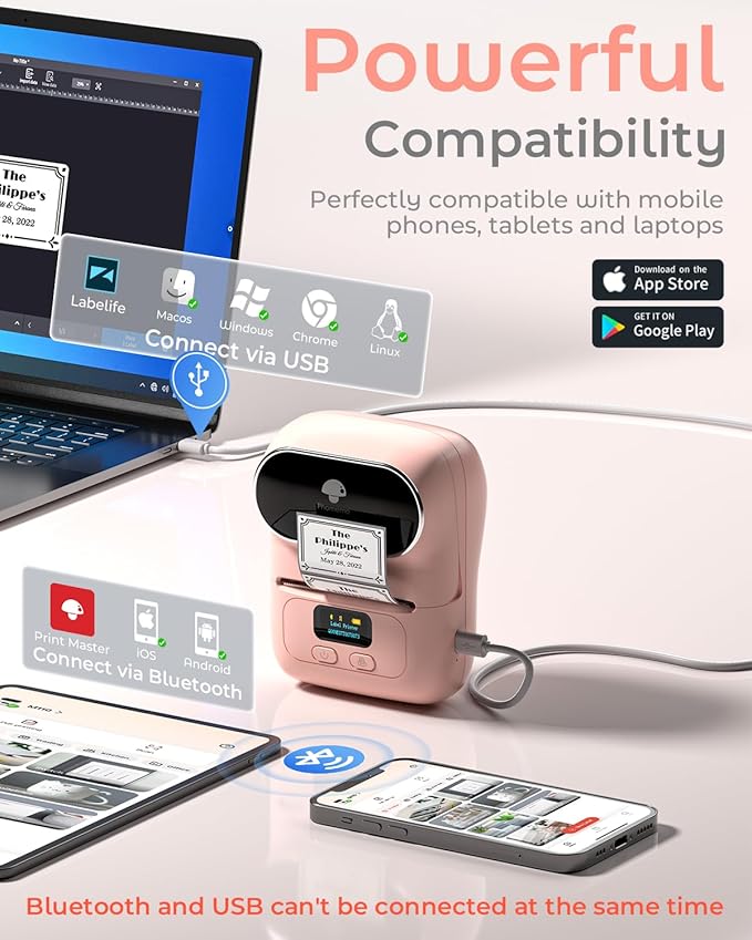 Phomemo M110 Label Maker Machine- with 3 Label Bluetooth Label Maker for for Business Labeling, Barcode, Office, Cable, Retail, with Fonts Choose, Icons, Templates, Pink