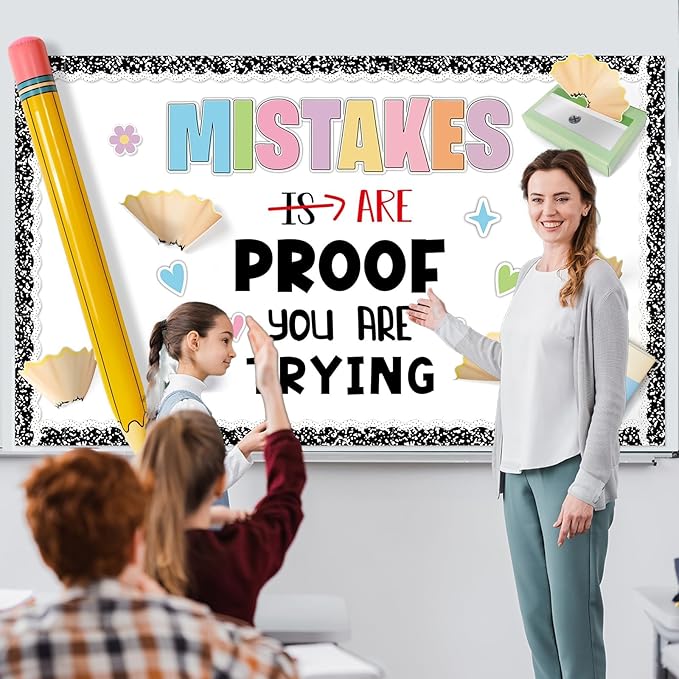 3D Back to School Bulletin Board Set with Pencil Balloon Inspirational Educational Classroom Decor Mistakes are Proof You are Trying Bulletin Board for Teacher Supplies Composition Notebook