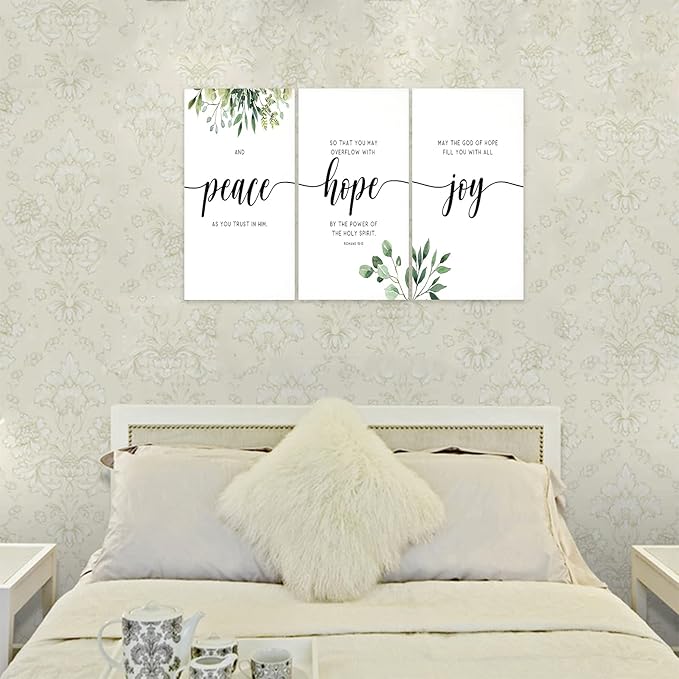 3 Piece Inspirational Wall Art, White Plants Background Picture, Quotes "Peace Hope Joy" Canvas Print for Home Decor, Triptych Motivational Poster Framed Artwork for Classroom Wall Decor (72"Wx36" H)