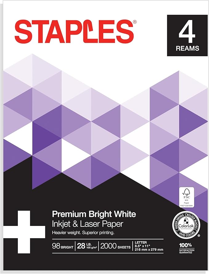 Staples Inkjet & Laser Paper 8.5 x 11 Inch Bright White Sheets, 4 Ream Case