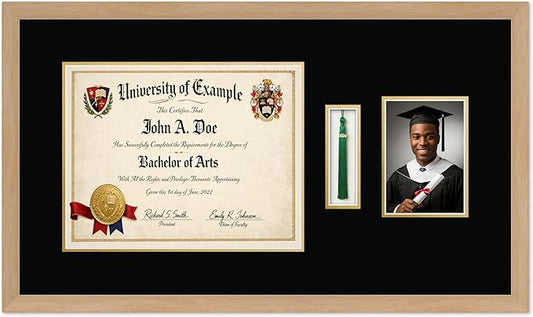 CountryArtHouse Diploma Tassel and Photo Shadowbox Fits 14 x 11 College Diploma (Modern) with Tassel Hook Natural Wood Genuine Hardwood with Black Over Metallic Gold Double mat