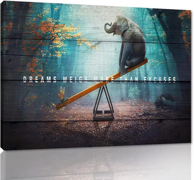 Motivational Quotes Dreams Weight More Than Excuses Wall Art Inspirational Gift for Men Office Home Decor for Walls Butterfly and Elephant Picture Modern Art Paintings Framed, 24"x18"