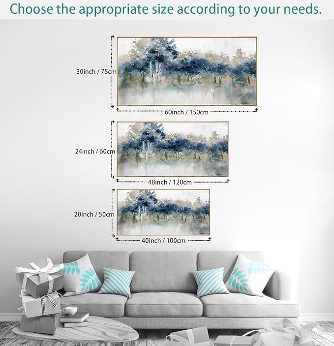 Wall Art Landscape Modern Wall Decor Canvas Painting Blue Ink Wall Art Large Artwork for Living Room Bedroom Office Home Decor 20"x40" with Framed