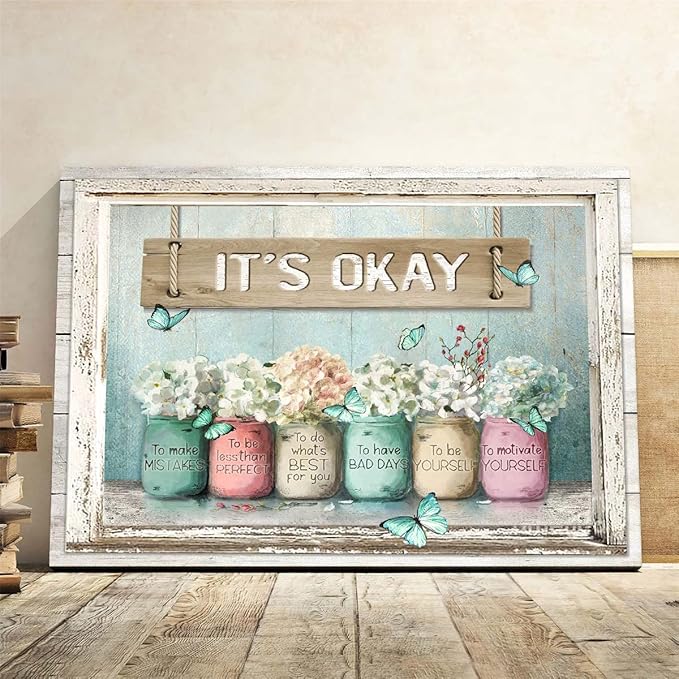 Parylore Inspirational It's Okay Canvas Wall Art Encouraging Bible Verses On Cute Marson Jars and Butterflies Teal Background Artwork for Bedroom Bathroom Office Home Decor 16x20 In