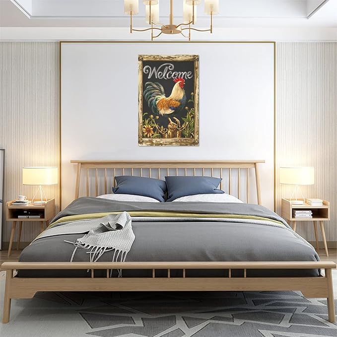 yerretin Farmhouse Rooster Wall Art Rustic Farm Chicken Pictures Wall Decor Country Canvas Painting Modern Artwork Home for Kitchen Bathroom Living Room Bedroom Office Framed 16"x24"