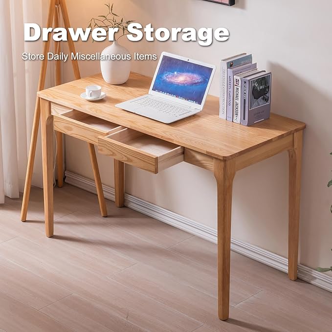 Solid Wood Desk with Drawers, Home Office Desk for Small Spaces, Gaming Work Study Desk, Student PC Desk for Bedroom, Easy to Assemble (Wood Color, 47.2 inch)