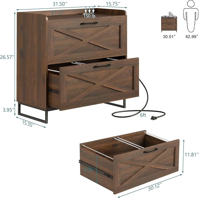2 Drawer Lateral File Cabinet, Filing Cabinet with Charging Station for Letter/Legal/A4 Size Hanging Files, Modern Farmhouse File Cabinet for Home Office, Printer Stand with Storage, Dark Walnut
