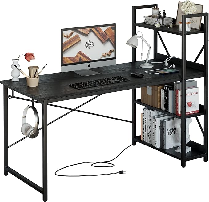 IRONCK Computer Desk 55" with Power Outlet and Storage Shelves, Study Writing Table with USB Ports Charging Station, PC Desk Workstation for Home Office, Black
