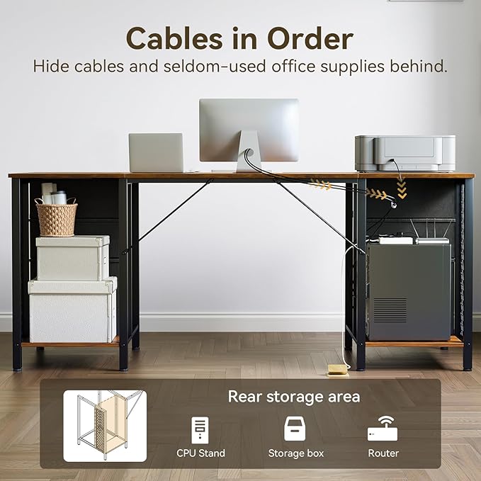 ODK 63 Inch Office Desk with 6 Fabric Drawers, Large Computer Desk for Home Office with Hidden Storage Shelves, Rustic Brown