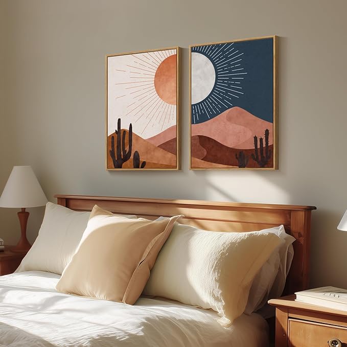 Framed Boho Desert Landscape Wall Art for Living Room, Mid Century Modern Set of 2 Painting Print Canvas Artwork for Walls, Large Bohemian Sun and Moon Cactus Wall Decor for Bedroom Office, 20x30 Inch