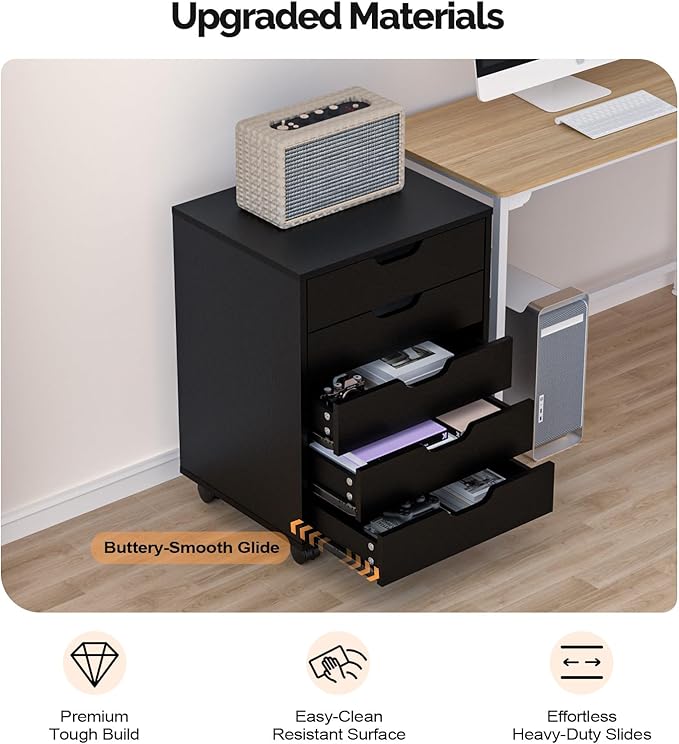 VINGLI 5 Drawers Mobile File Cabinet with Wheels, Under Desk Storage Organization, Vertical Filing Chest Rolling Wood Small Desk Printer Stand for Home Office, 19" W × 15.8" D × 25.6" H, Black
