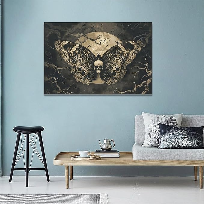 Skull Gothic Wall Art Skeleton Butterfly Dark Spooky Pictures Wall Decor Goth Horror Canvas Painting Home Modern Artwork Decorations Framed for Bathroom Living Room Bedroom Office 24x16 inch