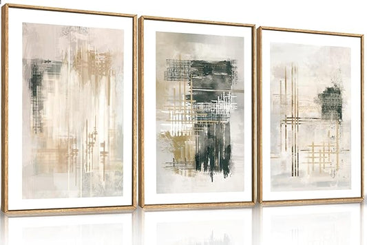 Ausril Modern Abstract Canvas Wall Art Set of 3, Framed Textured Stroke Art Prints, Minimalist Neutral Artwork, Beige Black White Painting, 16x24 Inch Wall Decor for Living Room, Bedroom, Office