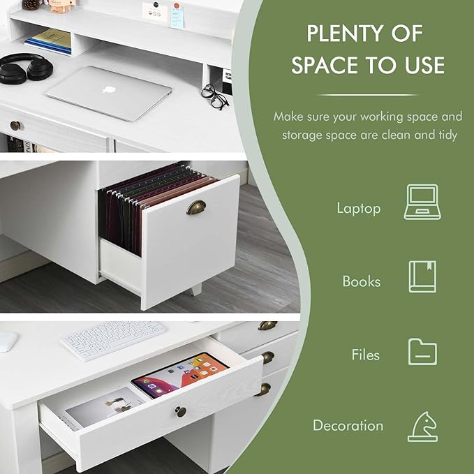 Catrimown Computer Desk with Drawers and Hutch, 47 Inch Home Office Desk with File Drawers, Student Girls Desks, Teens Writing Table with Hutch, Small Desk with Drawer for Bedroom, White