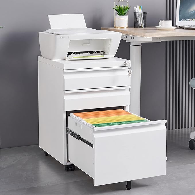 3-Drawer Mobile File Cabinets Rolling Metal Filing Cabinet for Legal & Letter File Anti-tilt Design with Lock Under Desk Office Drawers Fully Assembled Except Casters (White)