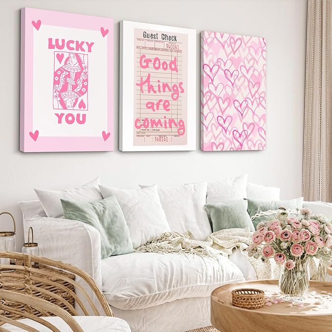 Lucky You Pink Wall Art Guest Check Preppy Wall Decor Trendy Aesthetic Canvas Wall Art Funky Retro Poster Hearts Cute Picture Prints Inspirational Artwork for Room Bedroom 12x16 Inch Framed Set of 3