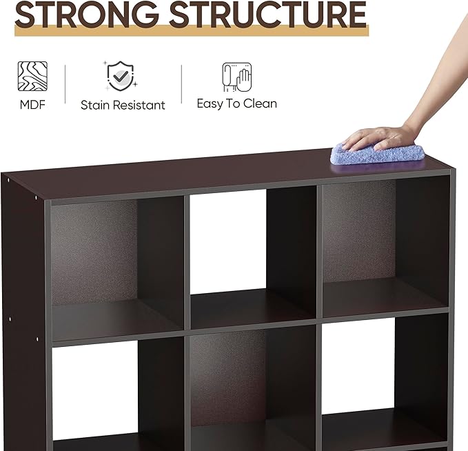 SUPER DEAL 9 Cube Storage Organizer, 3 Tier Bookshelf Open Shelf Display Rack with 5 Removable Back Panels Wood Bookshelf System for Home, Office, Bedroom, Living Room, Dark Brown