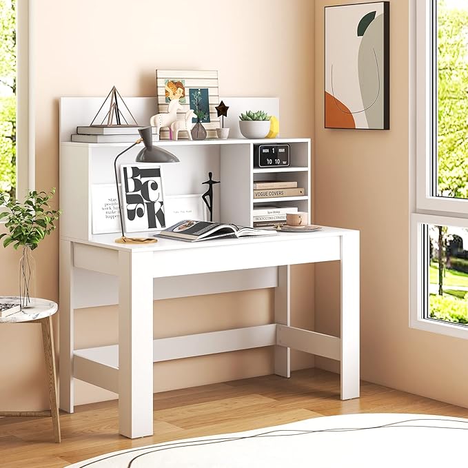 Giantex White Desk with Hutch, Home Office Desk with Bookshelf, Computer Workstation PC Laptop Table with Anti-Toppling Device & Cable Hole, Modern Study Writing Desk for Small Spaces, Bedroom