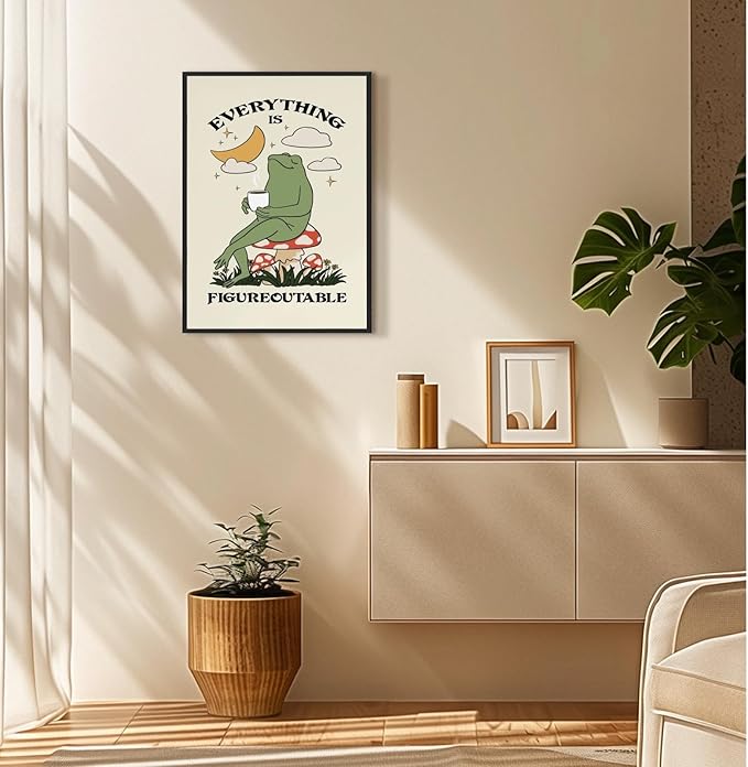 Everything Is Figureoutable Motivational Wall Art Funny Frog Coffee Inspirational Poster Positive Quote Daily Reminder Canvas Print Affirmation Wall Decor for Home Office 24x36inch Aluminum Framed