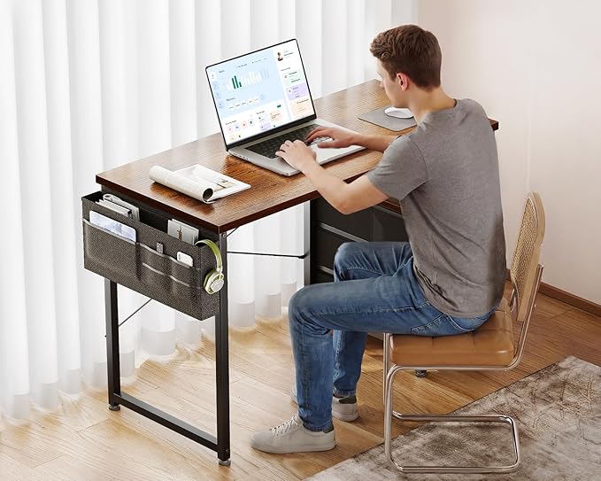 AODK 40" Small Computer Desk with Fabric Drawer, Kids Girls Teen Study Writing Desk for Bedroom, Home Office Desk with Storage Shelf & Bag for Small Space, Vintage