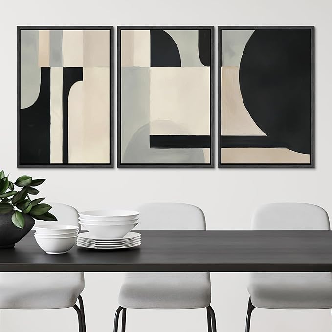SIGNLEADER Framed Canvas Print Wall Art Set Geometric Composition Black White and Beige Abstract Illustrations Boho Decorative for Living Room, Bedroom, Office - 16"x24"x3 Black