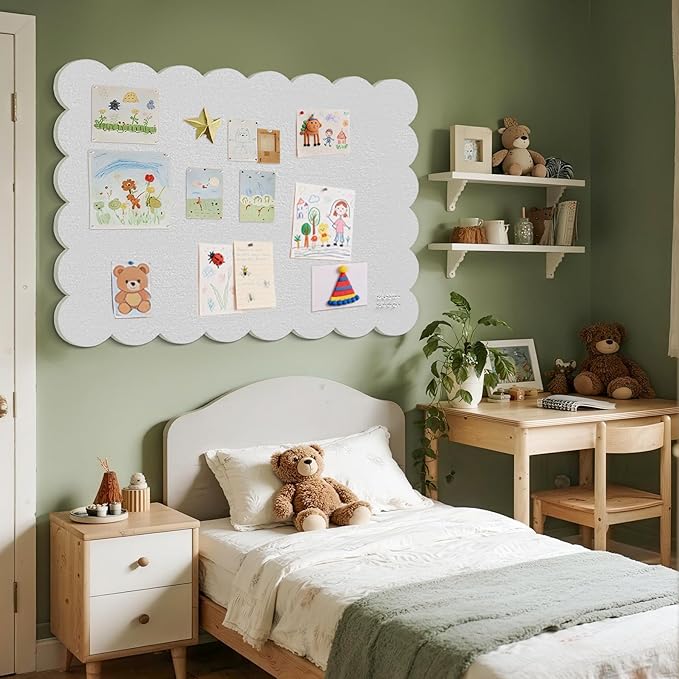 Scalloped Bulletin Board, 48 x 36 Inches Felt Pin Board - Decorative Cork Alternative for Wall, Foldable Picture Self-Adhesive Vision Prayer Board with 20 Pushpins - White