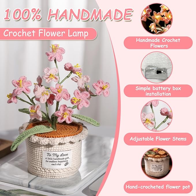 Forget Me Not Flower Lamp - Pink Crochet Artificial Flowers with Night Light, Cordless Table Lamp, Cozy Home Decor Crochet Gifts