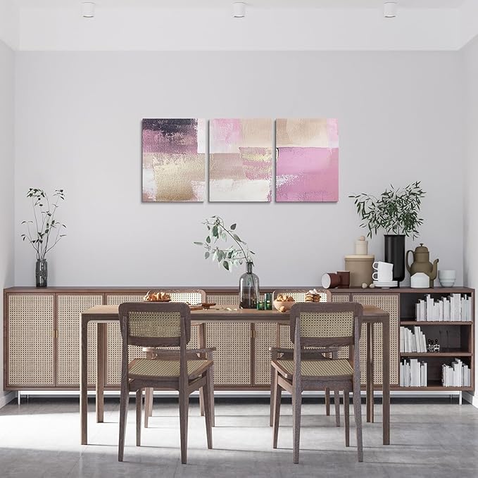 jejeloiu 12"x16"x3pcs Light Pink Abstract Oil Painting Office Decorations Artwork Posters Abstract Art 3 Piece Canvas Wall Art for Living Room Bedroom Modern Picture Wall Decor