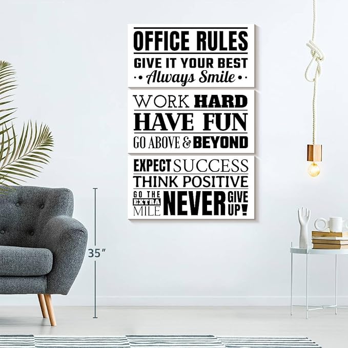 Elephant Stock - Fun Office Rules Wall Art - Vertical Multi Panel Canvas - 3 Piece Living Room Wall Decor - Digital Art Inspirational And Typography Multi Piece Wall Art - White And Black Decor - 42" x 65"