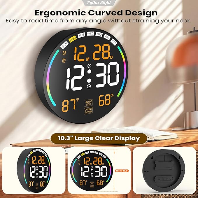Large Digital Wall Clock with 10.3" LED Display,Alarm,Countdown Timer,DST,Temperature,Humidity,Auto-Dimming,Remote Control,Night Light for Classroom,Bedroom,Living Room,Office,Gym