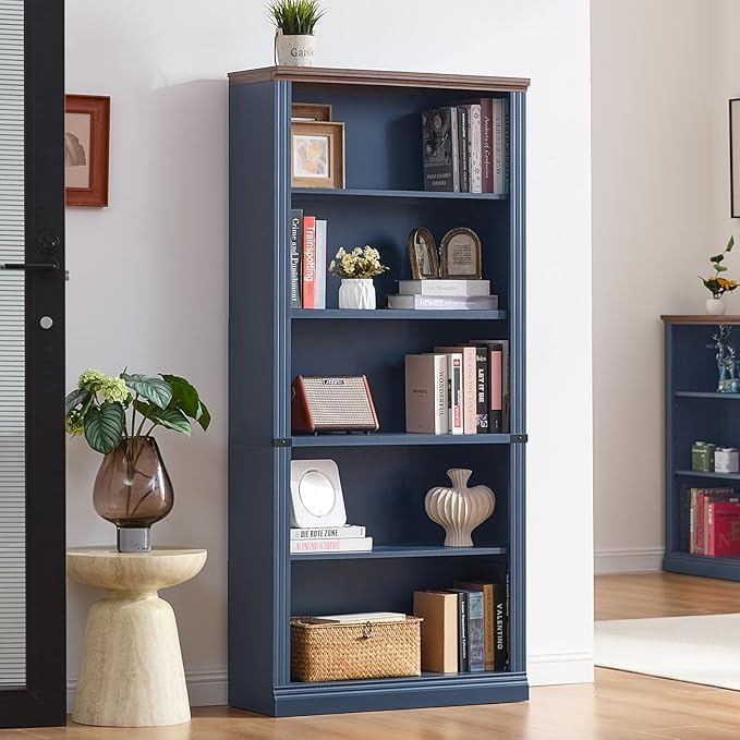 70" Blue Tall Bookshelf Set of 4,5-Tier Thick Wooden Book Shelf with Adjustable Shelves,Free Standing Farmhouse Bookcase with Open Display Storage,Floor Vintage Bookshelves for Living Room