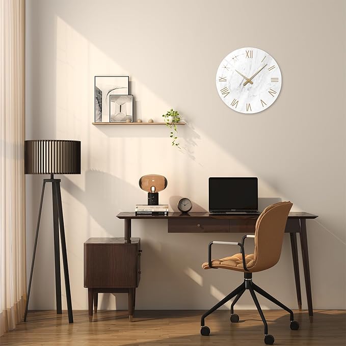 Round Marble Battery Wall Clock Modern 14 Inch White Minimalist Wall Clock for Kitchen Quartz Glass Silent Clock for Wall