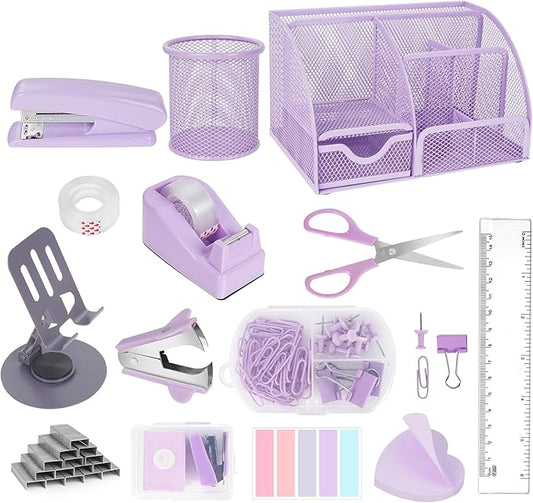 Desk Organizers and Accessories, Office Supplies 15PS Set with Stapler, Staple Remover, Pen Holder, Clips Set, Tape Dispenser, Tape, Phone Holder, 1000 Staples, Ruler, Scissors (Purple)
