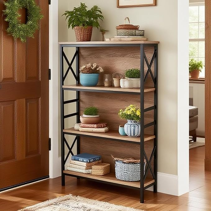 Book Shelf,4-Tier Industrial Bookshelf with Strong Metal Frame & Backboard,29.5" Short Bookcase for Small Spaces, Living Room,Bedroom and Home Office,Brown