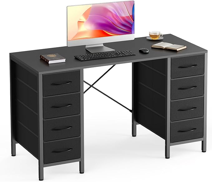 Sweetcrispy Computer Gaming Desk with 8 Storage Fabric Drawers, 47 Inch Home Office Bedroom Desk with Sturdy X-Frame, Modern Writing Study Work Table with Adjustable Feet, Black
