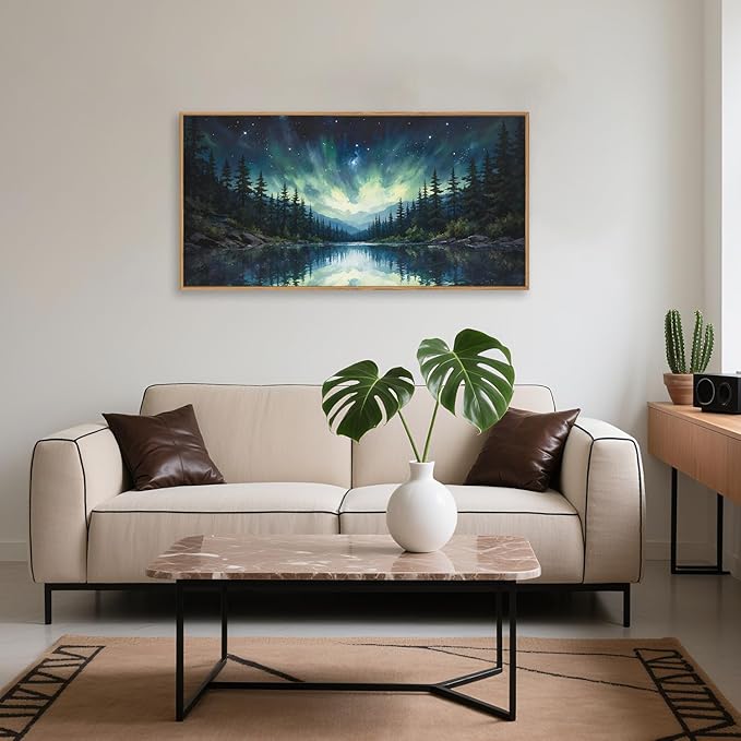 HOURIA Luminous Northern Lights Forest Lake Framed Canvas Wall Art Set,Starry Nordic Aurora Borealis Mountain Scenery Decor,Wilderness Pine Tree Reflection Artwork for Living Room,Farmhouse-20 x40 x1