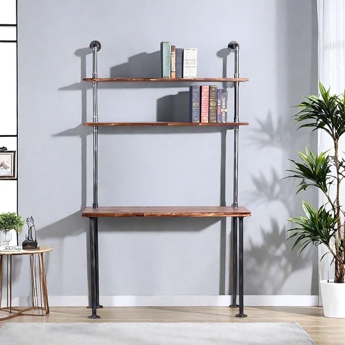 Diwhy Industrial Style Office Decor,Computer Desk 47.2"×20"×79" with 2-Tier Storage Pipe Shelves,Bookshelf Laptop Desk,Studying Writing Table Workstation with Hutch for Home Ofiice