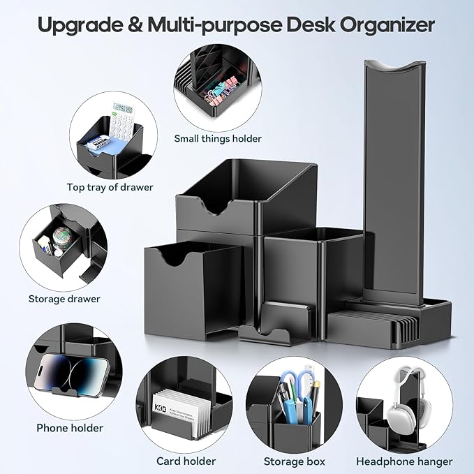 KDD Pen Organizer with Headphone Holder - Pencil Holder for Desk with Drawer and Card Holder - Multi-Functional Desk Organizer Set for Home Office Accessories Art Supplies
