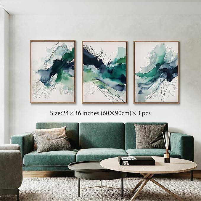 myusuar 3 Piece Large Abstract Framed Wall Art For Living Room, Smoke Texture Ink Emerald Green Canvas Wall Art Modern Minimalist Art Prints Wall Décor For Bedroom Office 24x36in