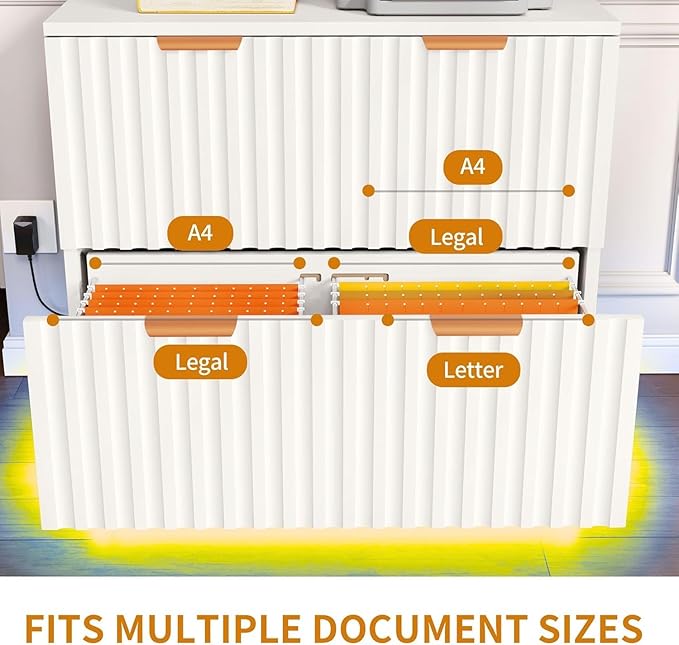 DWVO 2 Drawers File Cabinet with Led Light, Filing Cabinet Large Lateral File Cabinets for Home Office, White