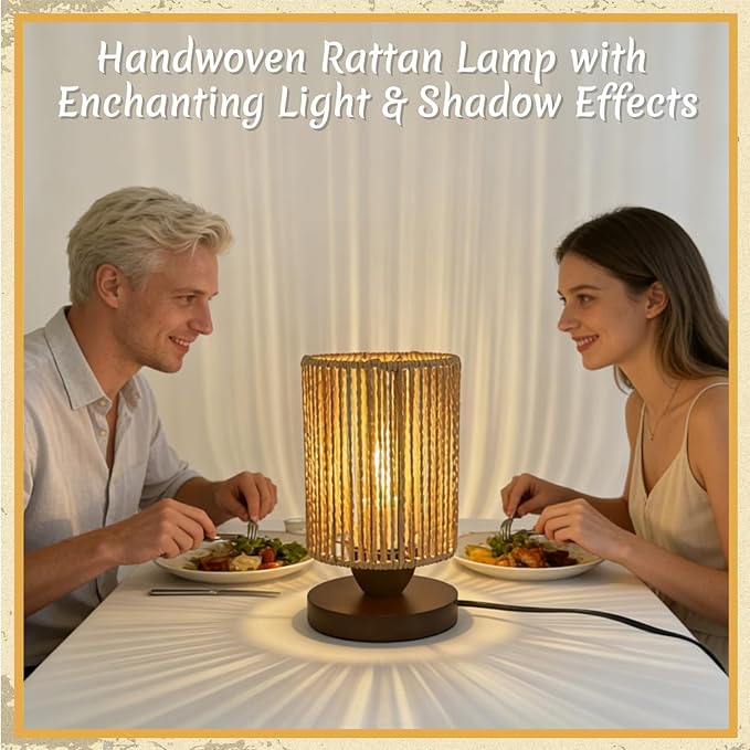 Rattan Table Lamp, Boho Bedroom Bedside Small Lamps with Warm White LED Bulb, Vintage Wooden Nightstand Nightlight, Rustic Handmade Woven End Desk Lamps for Bedroom Living Room Study Kids Room